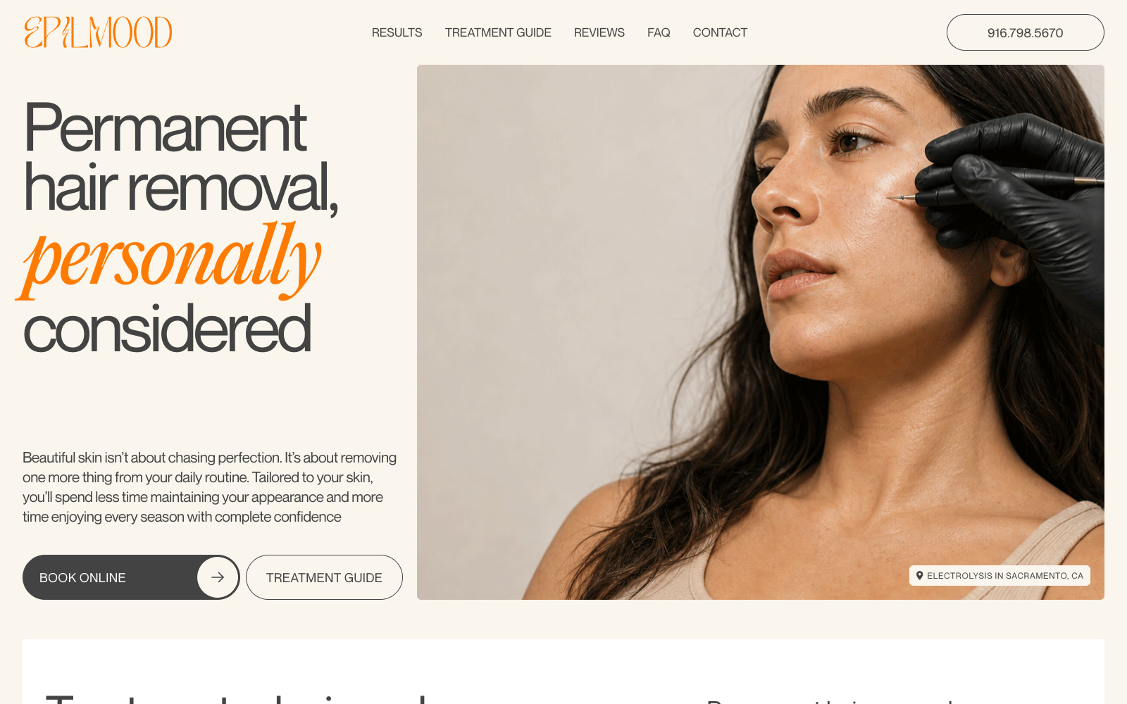 EPILMOOD website: the opening screen, treatment information, before-and-after results and the treatment journey.