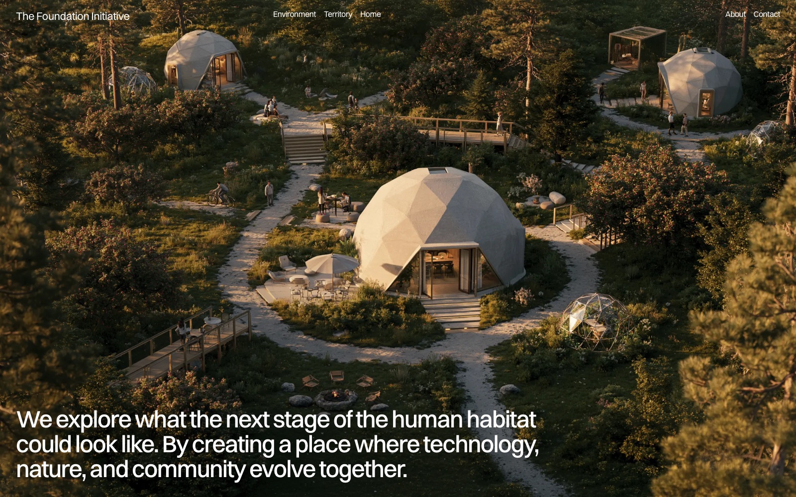 The Foundation Initiative home page, with the current header and lower caption over the forest settlement