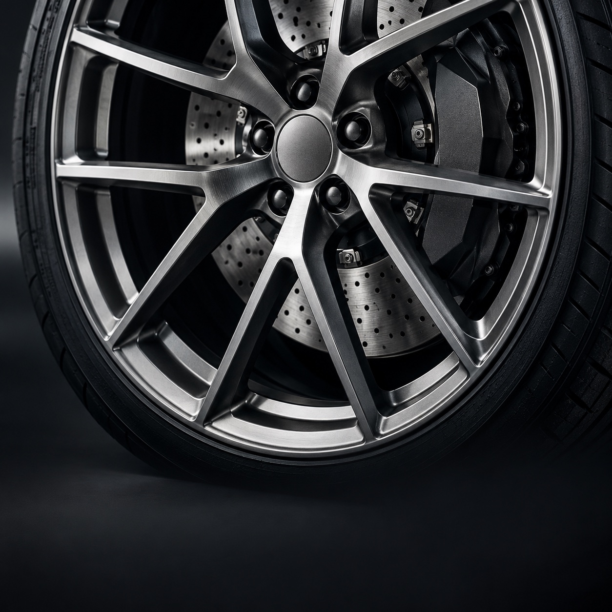 A close view of a performance wheel, its alloy spokes, tire and brake mechanism.
