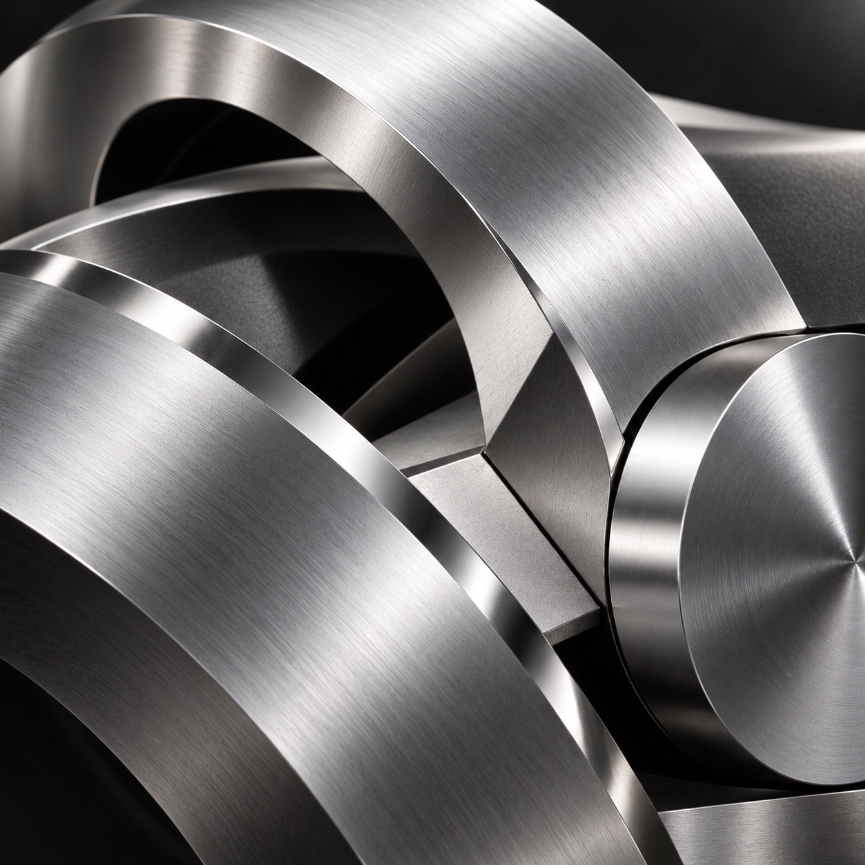 Twisted brushed-aluminum symbol with reshaped curves and silver reflections