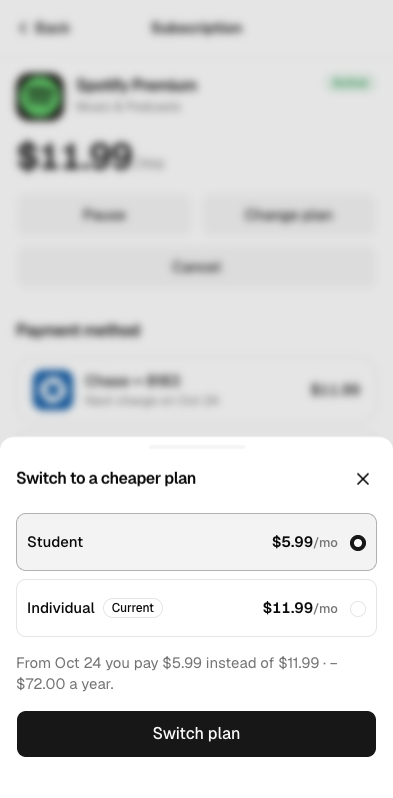 Banking app: a plan change showing the new price before confirmation